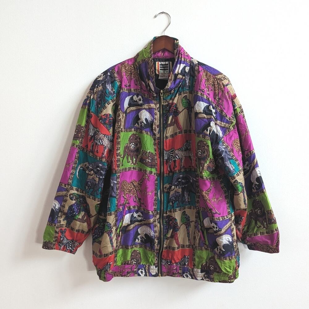 Vtg 80s EVR Silk Bomber Jacket Wildlife Oversize 1X